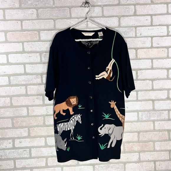 Bechamel Safari Zoo Animals Theme Black Short Sleeve Long Cardigan Size 1X - Picture 5 of 7